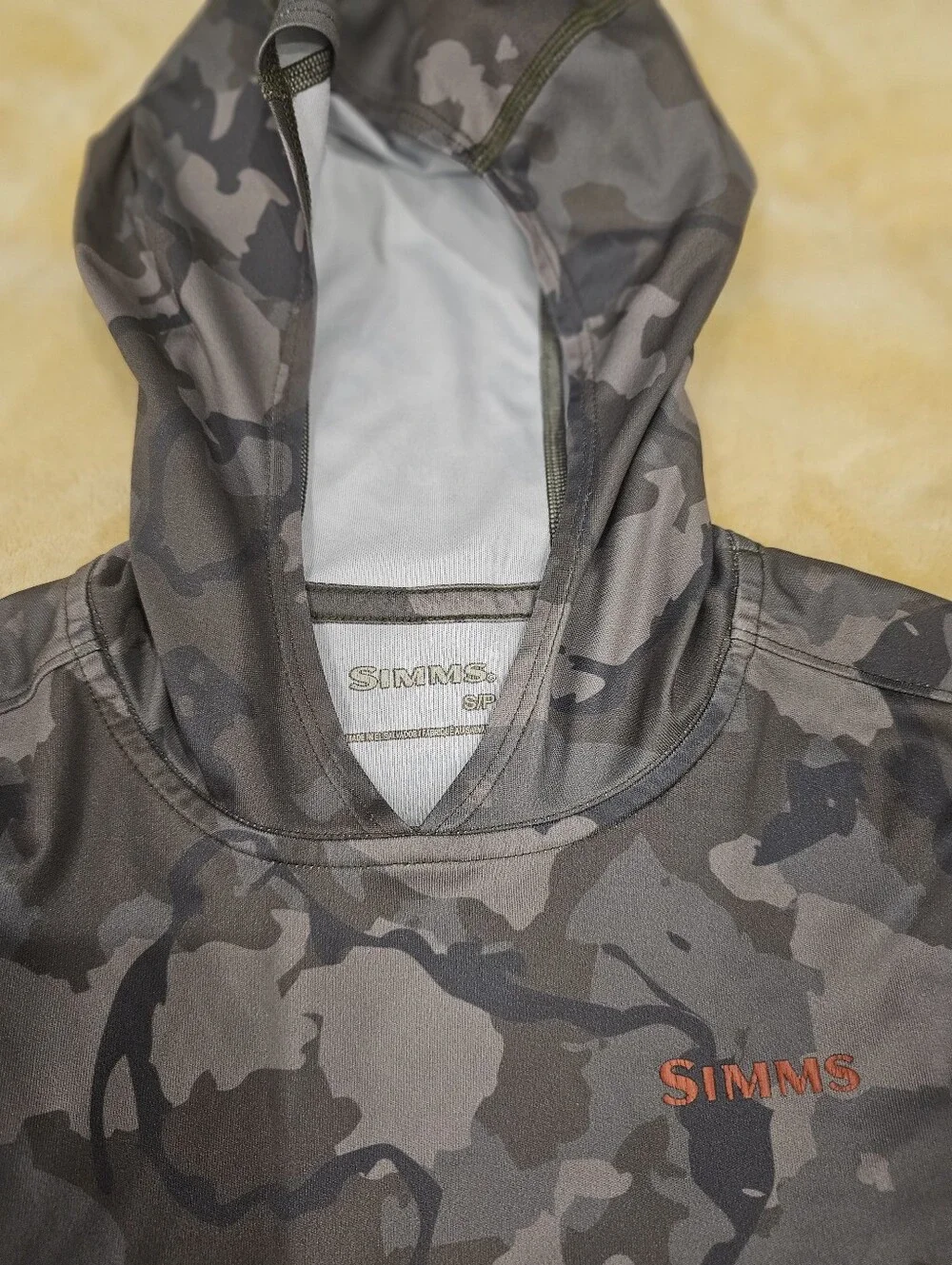 Simms Gray Camo Hooded Sun Shirt with Orange Logo